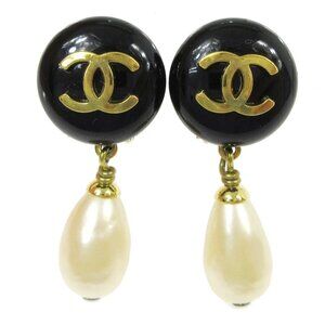 Chanel Artificial Pearl Dangle Earrings Clip-On Black White